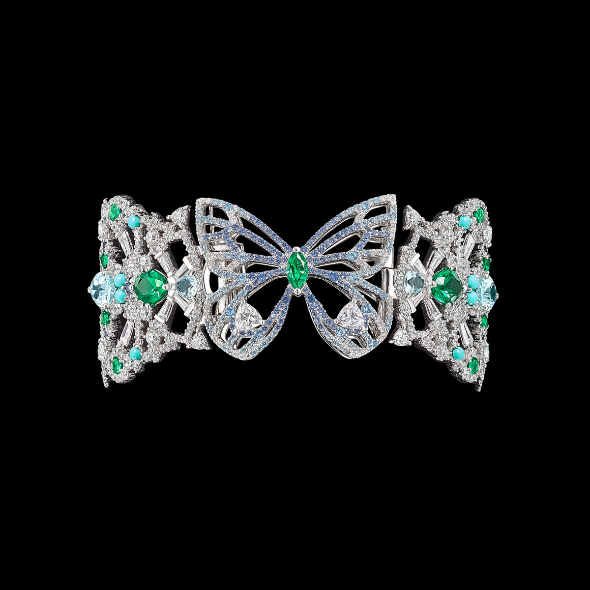 Emerald and Sapphire Dentelle Bangle, Bracelet, Anabela Chan Joaillerie - Fine jewelry with laboratory grown and created gemstones hand-crafted in the United Kingdom. Anabela Chan Joaillerie is the first fine jewellery brand in the world to champion laboratory-grown and created gemstones with high jewellery design, artisanal craftsmanship and a focus on ethical and sustainable innovations.